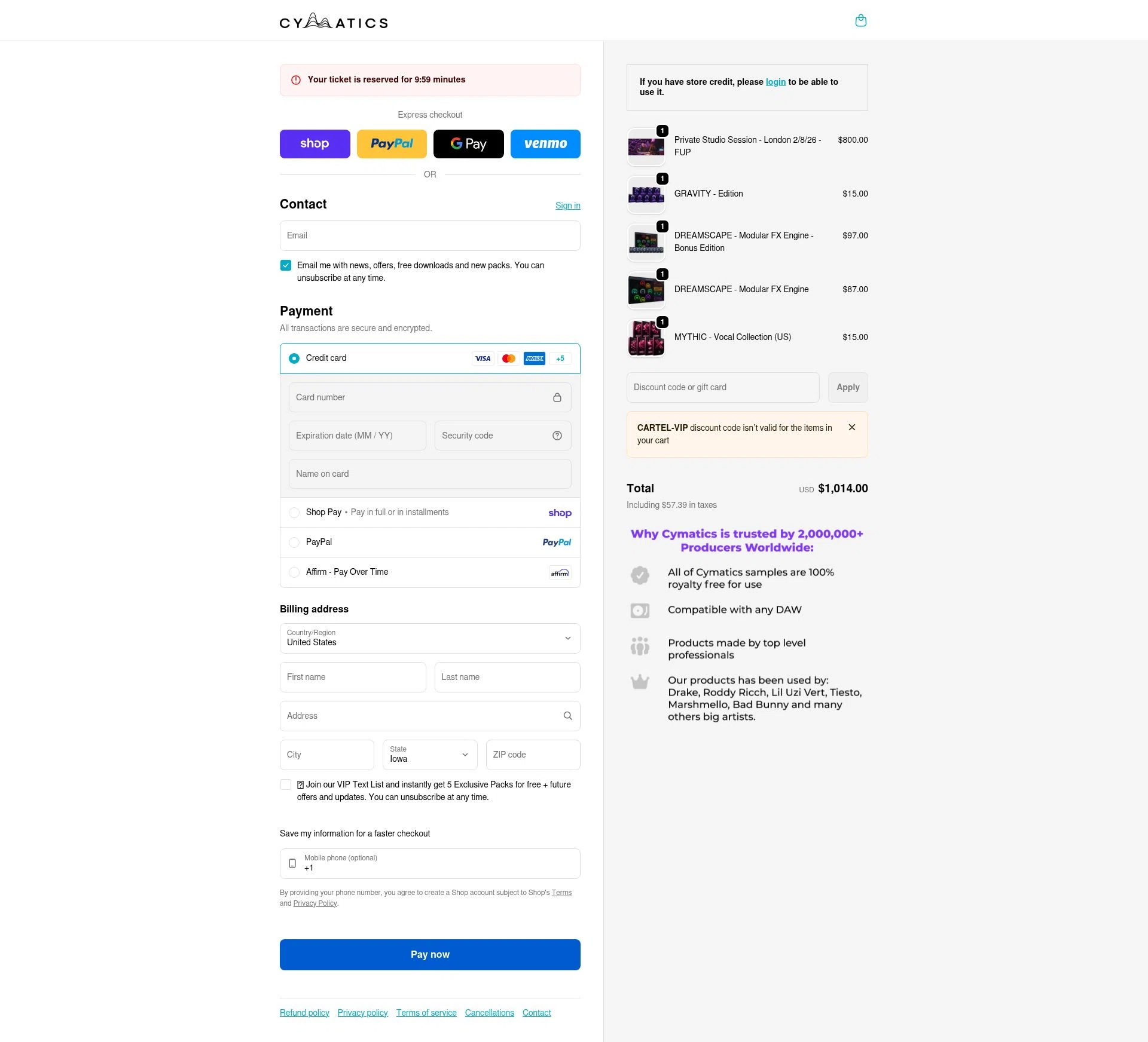 Cymatics.fm checkout page showing Cymatics.fm promo code box | Screenshot taken by SimplyCodes community member on Feb 17, 2026