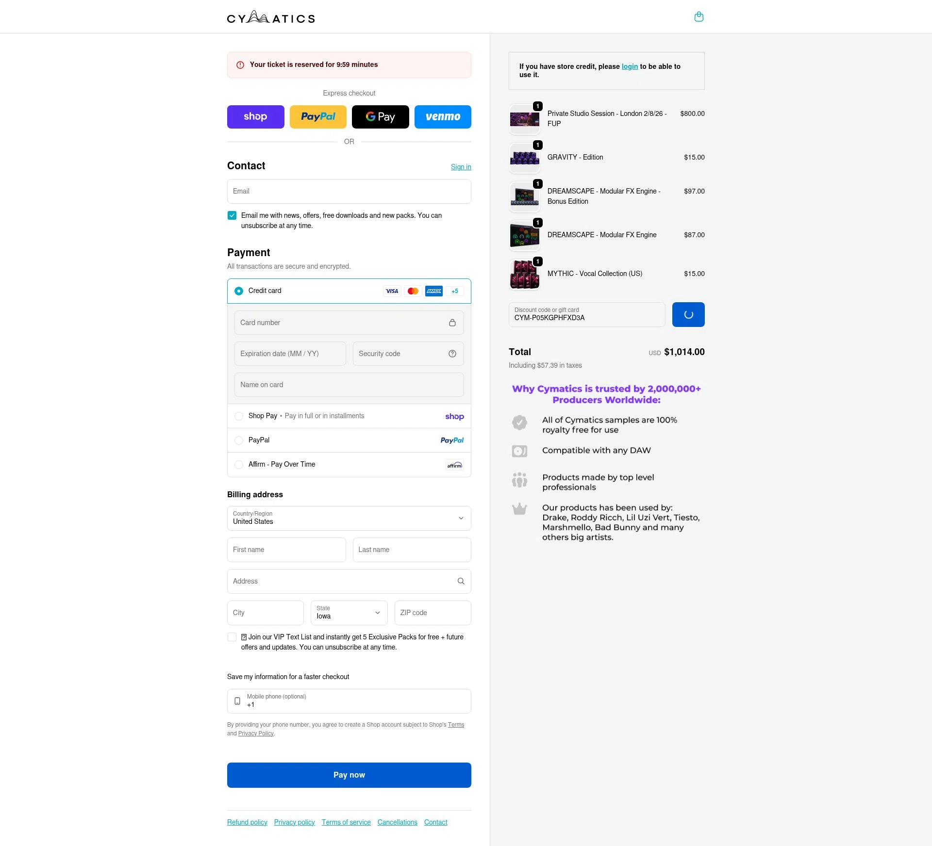Cymatics.fm checkout page showing Cymatics.fm promo code box | Screenshot taken by SimplyCodes community member on Feb 16, 2026