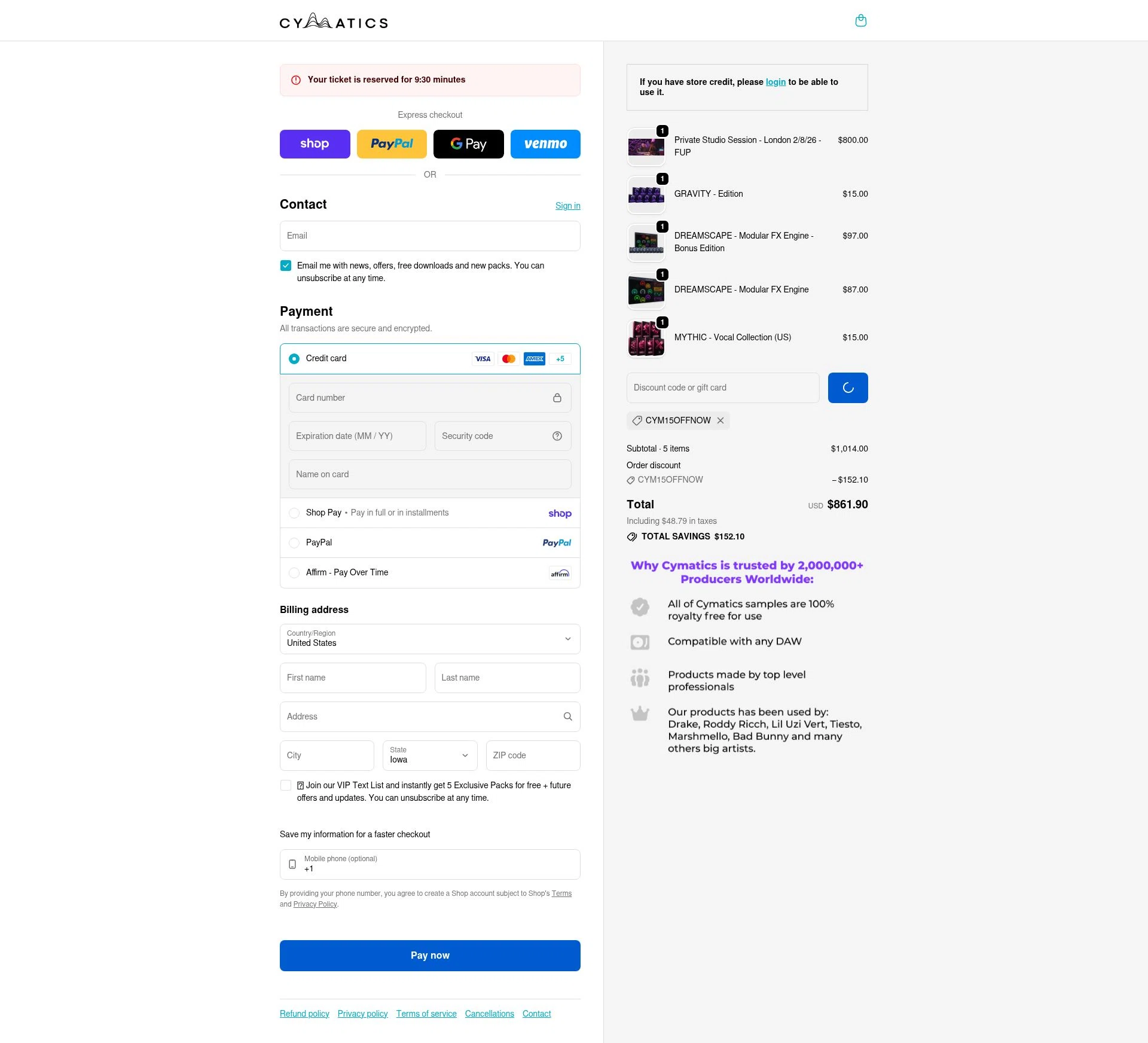 Cymatics.fm checkout page showing Cymatics.fm promo code box | Screenshot taken by SimplyCodes community member on Feb 17, 2026