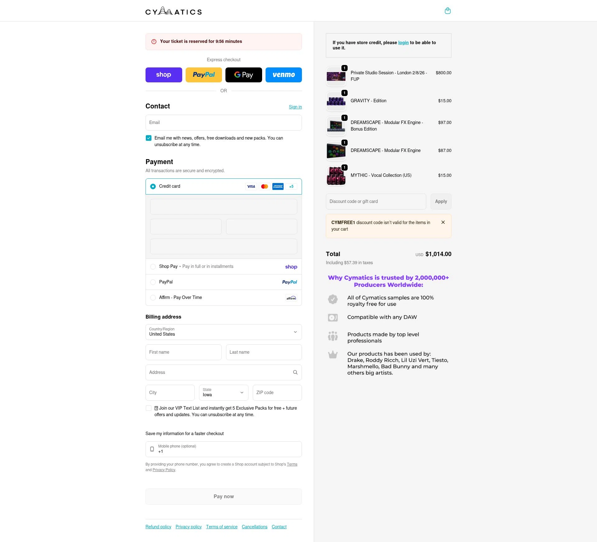 Cymatics.fm checkout page showing Cymatics.fm promo code box | Screenshot taken by SimplyCodes community member on Feb 16, 2026