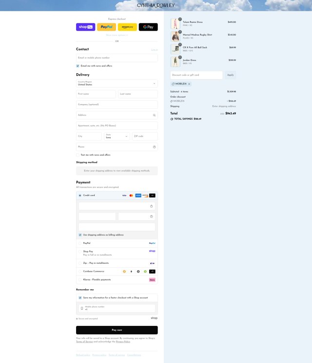 Cynthia Rowley checkout page showing Cynthia Rowley coupon code box | Screenshot taken by SimplyCodes community member on Aug 27, 2025
