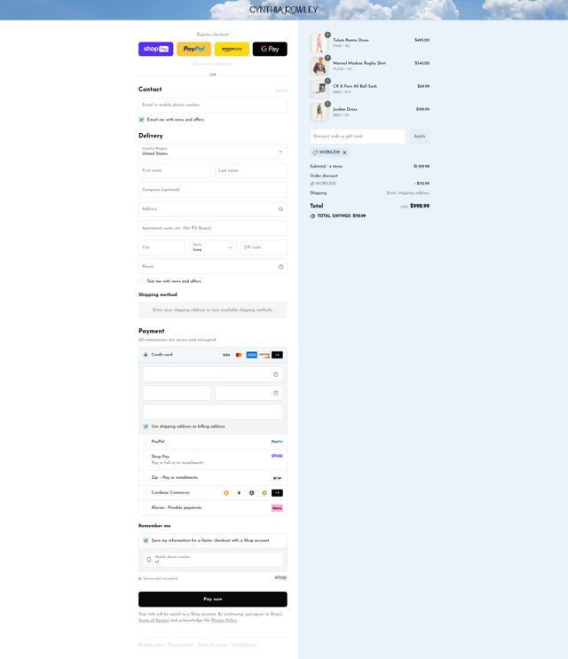 Cynthia Rowley checkout page showing Cynthia Rowley coupon code box | Screenshot taken by SimplyCodes community member on Aug 27, 2025