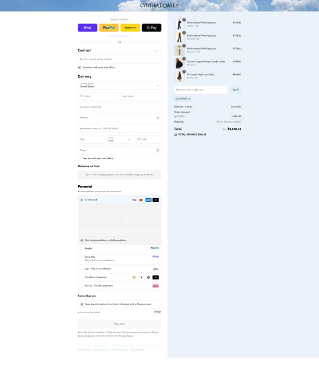 Cynthia Rowley checkout page showing Cynthia Rowley coupon code box | Screenshot taken by SimplyCodes community member on Sep 12, 2025