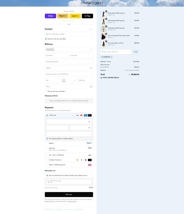 Cynthia Rowley checkout page showing Cynthia Rowley coupon code box | Screenshot taken by SimplyCodes community member on Sep 12, 2025