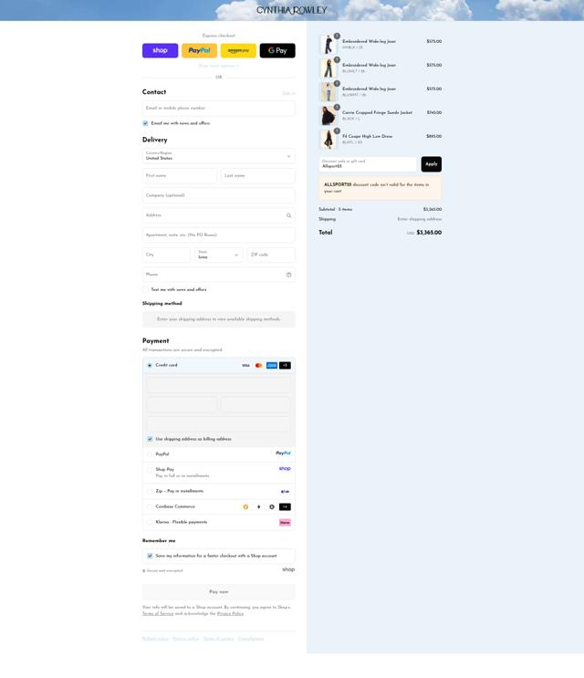 Cynthia Rowley checkout page showing Cynthia Rowley coupon code box | Screenshot taken by SimplyCodes community member on Sep 12, 2025