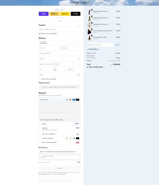 Cynthia Rowley checkout page showing Cynthia Rowley coupon code box | Screenshot taken by SimplyCodes community member on Sep 12, 2025