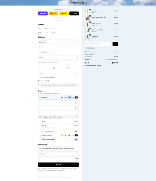 Cynthia Rowley checkout page showing Cynthia Rowley coupon code box | Screenshot taken by SimplyCodes community member on Aug 23, 2025