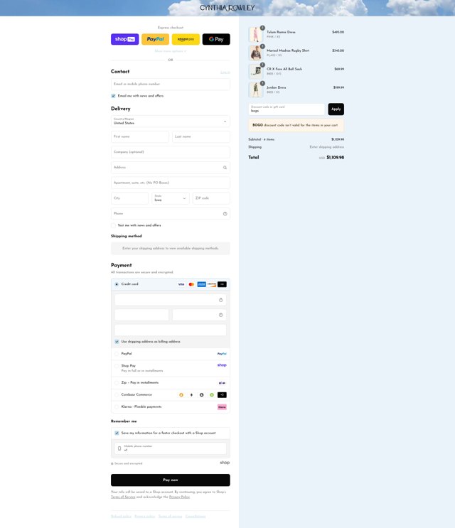 Cynthia Rowley checkout page showing Cynthia Rowley coupon code box | Screenshot taken by SimplyCodes community member on Aug 27, 2025