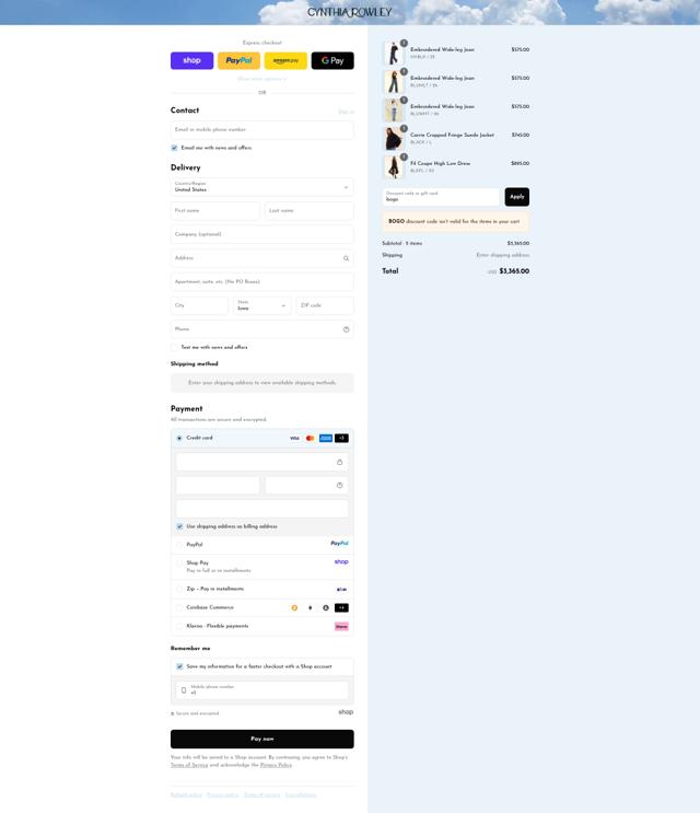 Cynthia Rowley checkout page showing Cynthia Rowley coupon code box | Screenshot taken by SimplyCodes community member on Sep 12, 2025