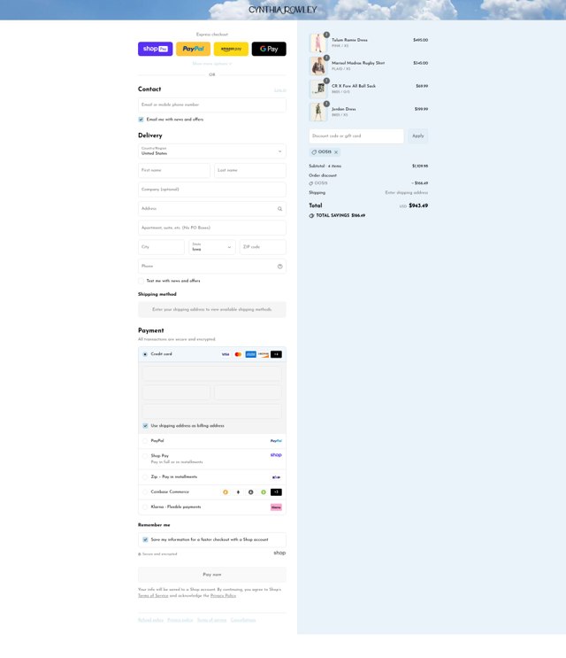 Cynthia Rowley checkout page showing Cynthia Rowley coupon code box | Screenshot taken by SimplyCodes community member on Aug 27, 2025