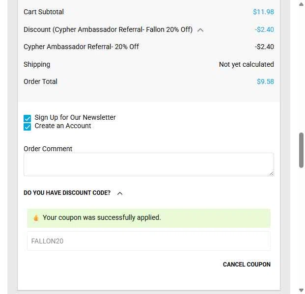 Cypher checkout page showing Cypher promo code box | Screenshot taken by SimplyCodes community member on Oct 11, 2025