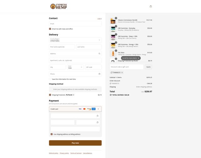Cypress Hemp checkout page showing Cypress Hemp promo code box | Screenshot taken by SimplyCodes community member on Sep 8, 2025