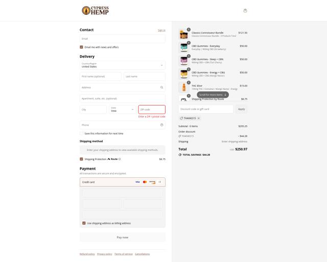 Cypress Hemp checkout page showing Cypress Hemp promo code box | Screenshot taken by SimplyCodes community member on Sep 12, 2025
