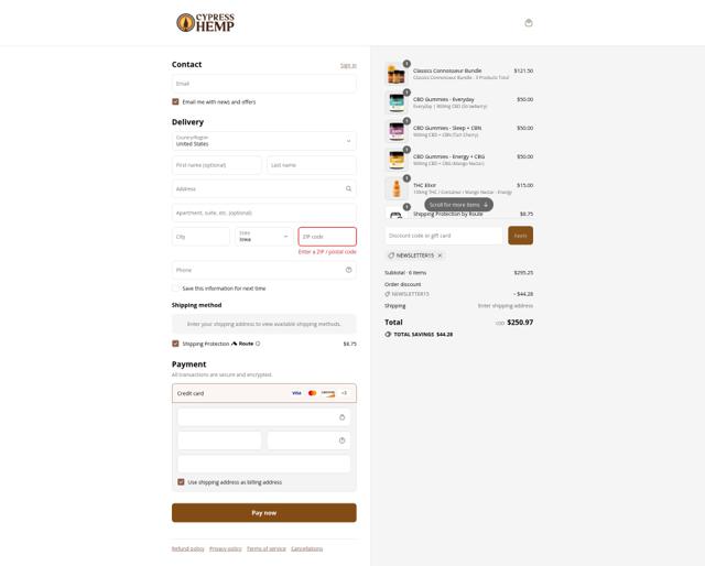 Cypress Hemp checkout page showing Cypress Hemp promo code box | Screenshot taken by SimplyCodes community member on Sep 12, 2025