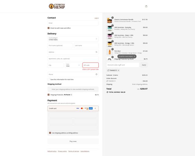 Cypress Hemp checkout page showing Cypress Hemp promo code box | Screenshot taken by SimplyCodes community member on Aug 23, 2025
