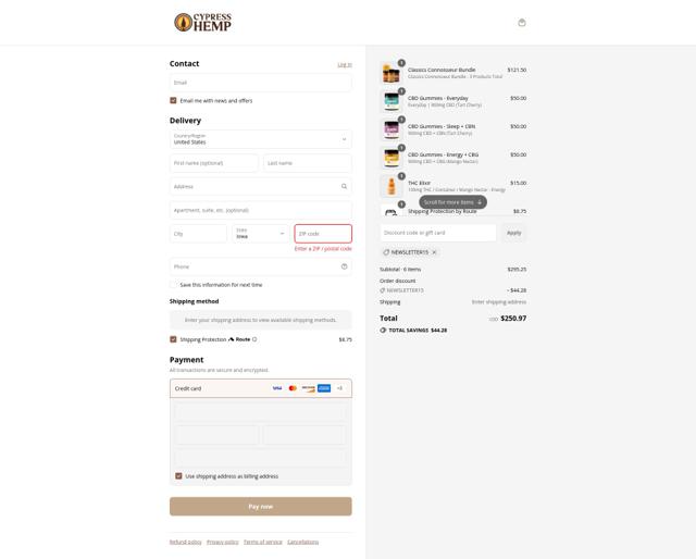 Cypress Hemp checkout page showing Cypress Hemp promo code box | Screenshot taken by SimplyCodes community member on Aug 27, 2025