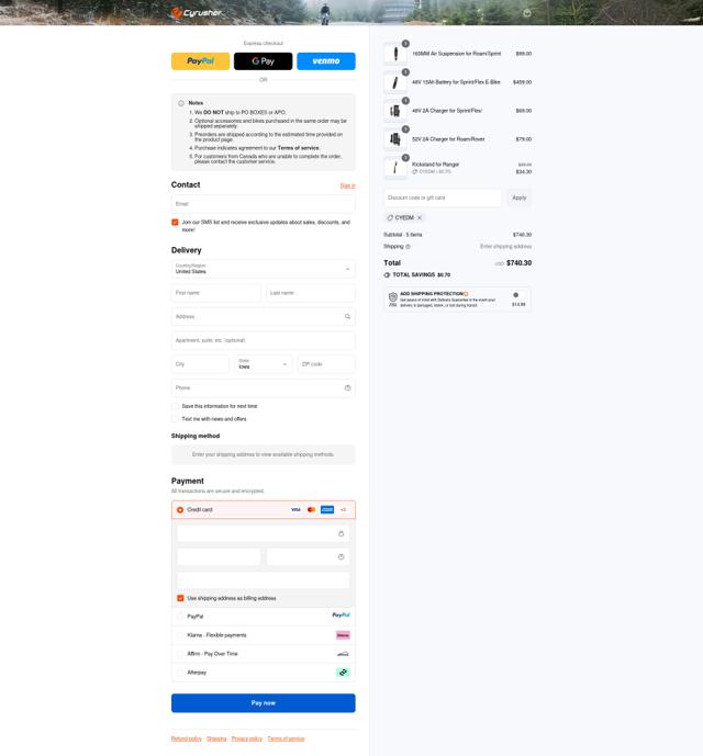 Cyrusher checkout page showing Cyrusher discount code box | Screenshot taken by SimplyCodes community member on Sep 12, 2025
