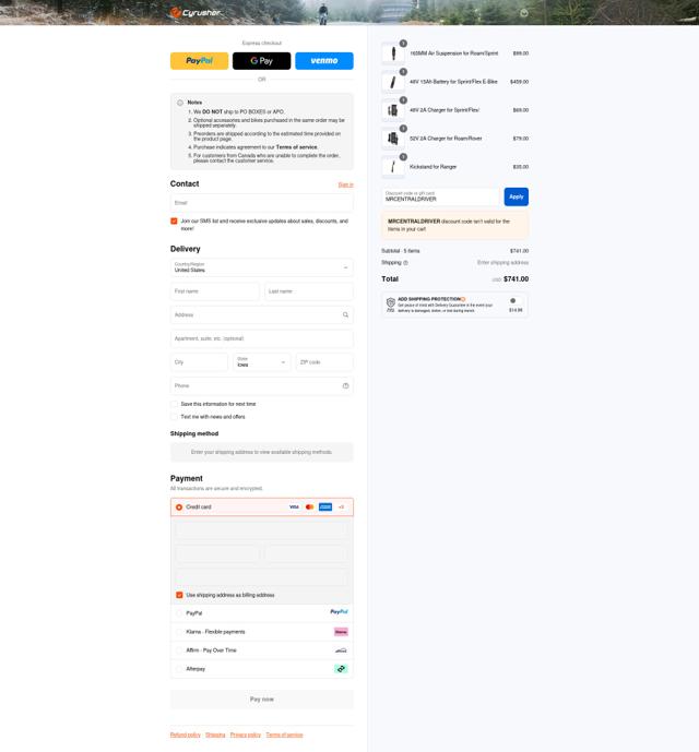 Cyrusher checkout page showing Cyrusher discount code box | Screenshot taken by SimplyCodes community member on Sep 12, 2025