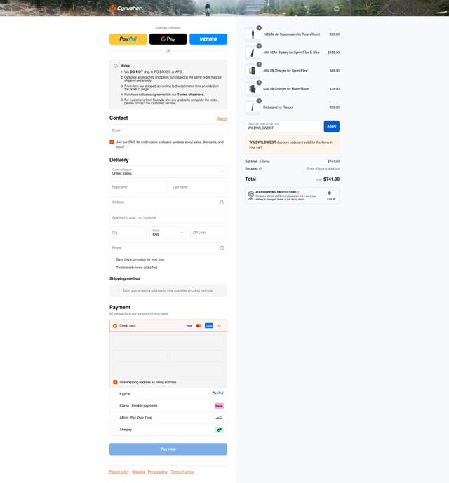 Cyrusher checkout page showing Cyrusher discount code box | Screenshot taken by SimplyCodes community member on Sep 12, 2025