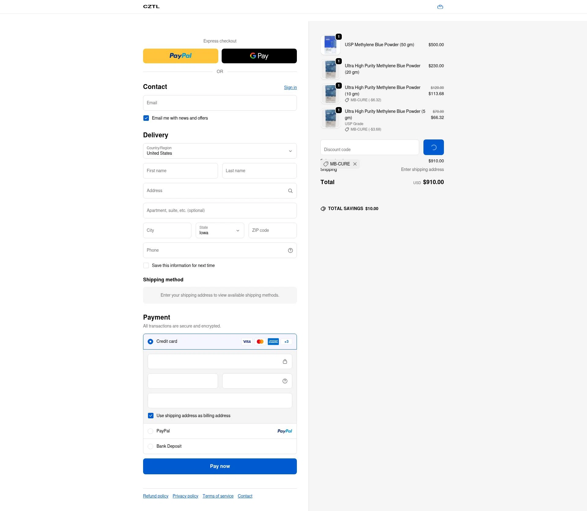 CZTL checkout page showing CZTL discount code box | Screenshot taken by SimplyCodes community member on Jan 8, 2026