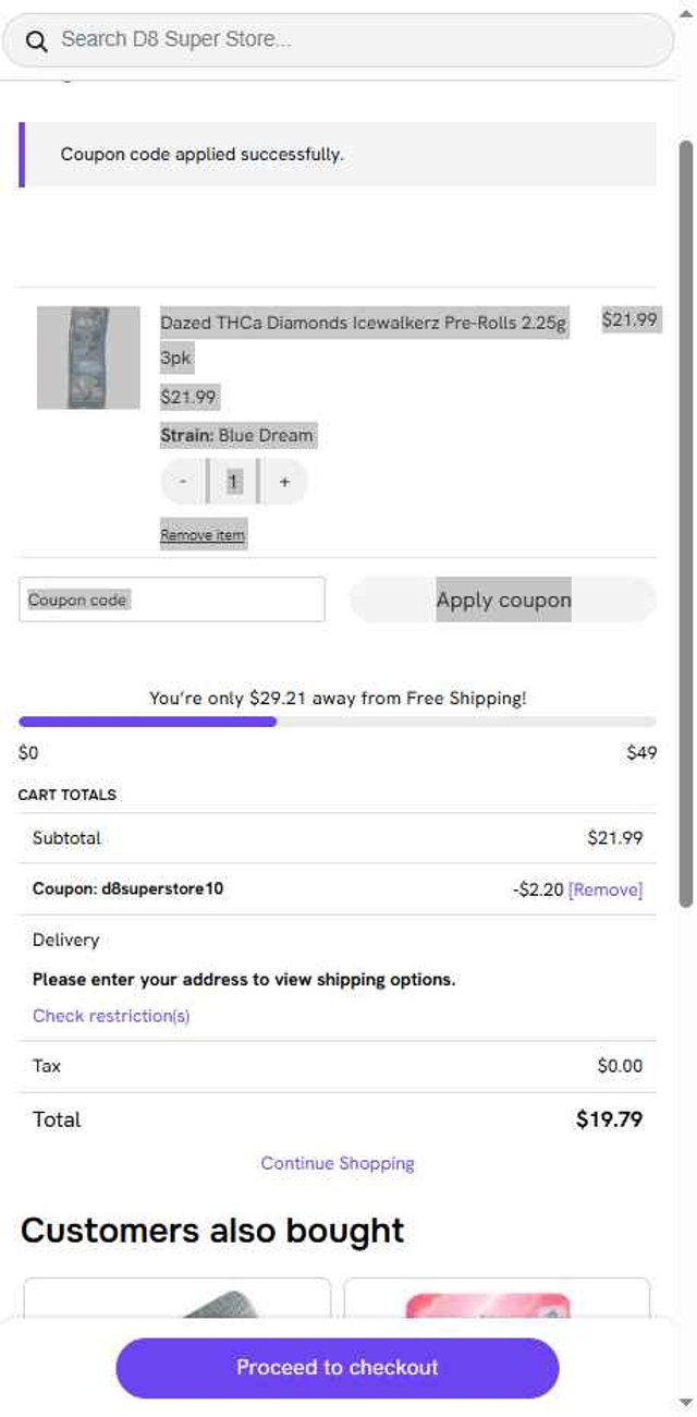 D8 Super Store checkout page showing D8 Super Store coupon code box | Screenshot taken by SimplyCodes community member on Aug 23, 2025