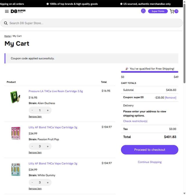 D8 Super Store checkout page showing D8 Super Store coupon code box | Screenshot taken by SimplyCodes community member on Aug 28, 2025