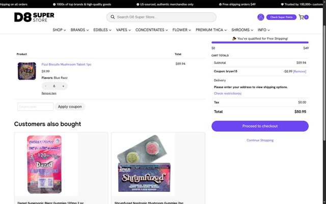 D8 Super Store checkout page showing D8 Super Store coupon code box | Screenshot taken by SimplyCodes community member on Aug 23, 2025