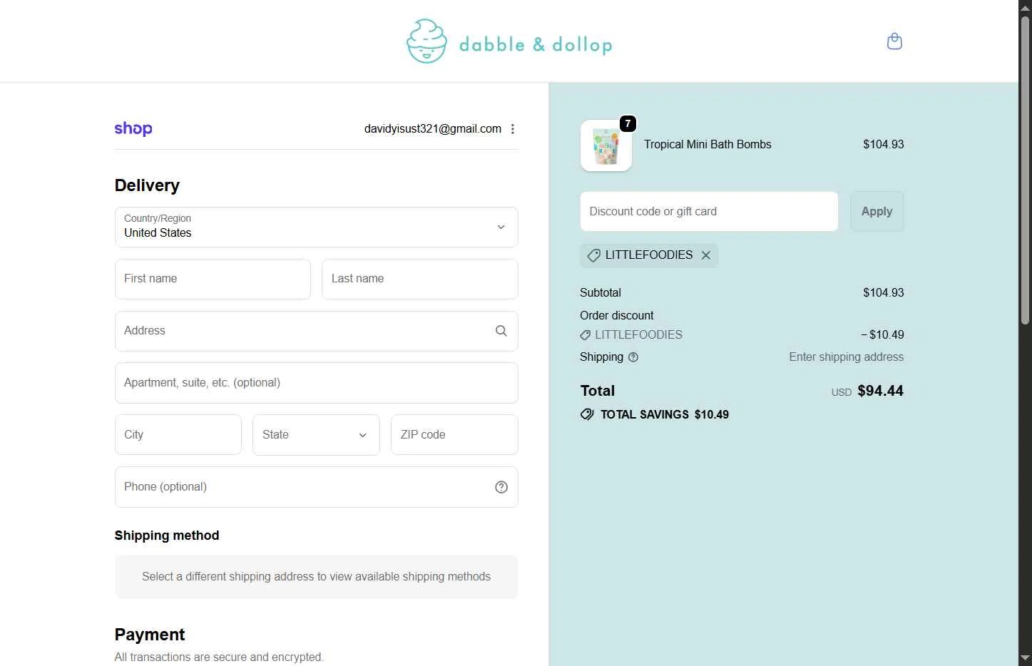 Dabble & Dollop checkout page showing Dabble & Dollop promo code box | Screenshot taken by SimplyCodes community member on Dec 28, 2025