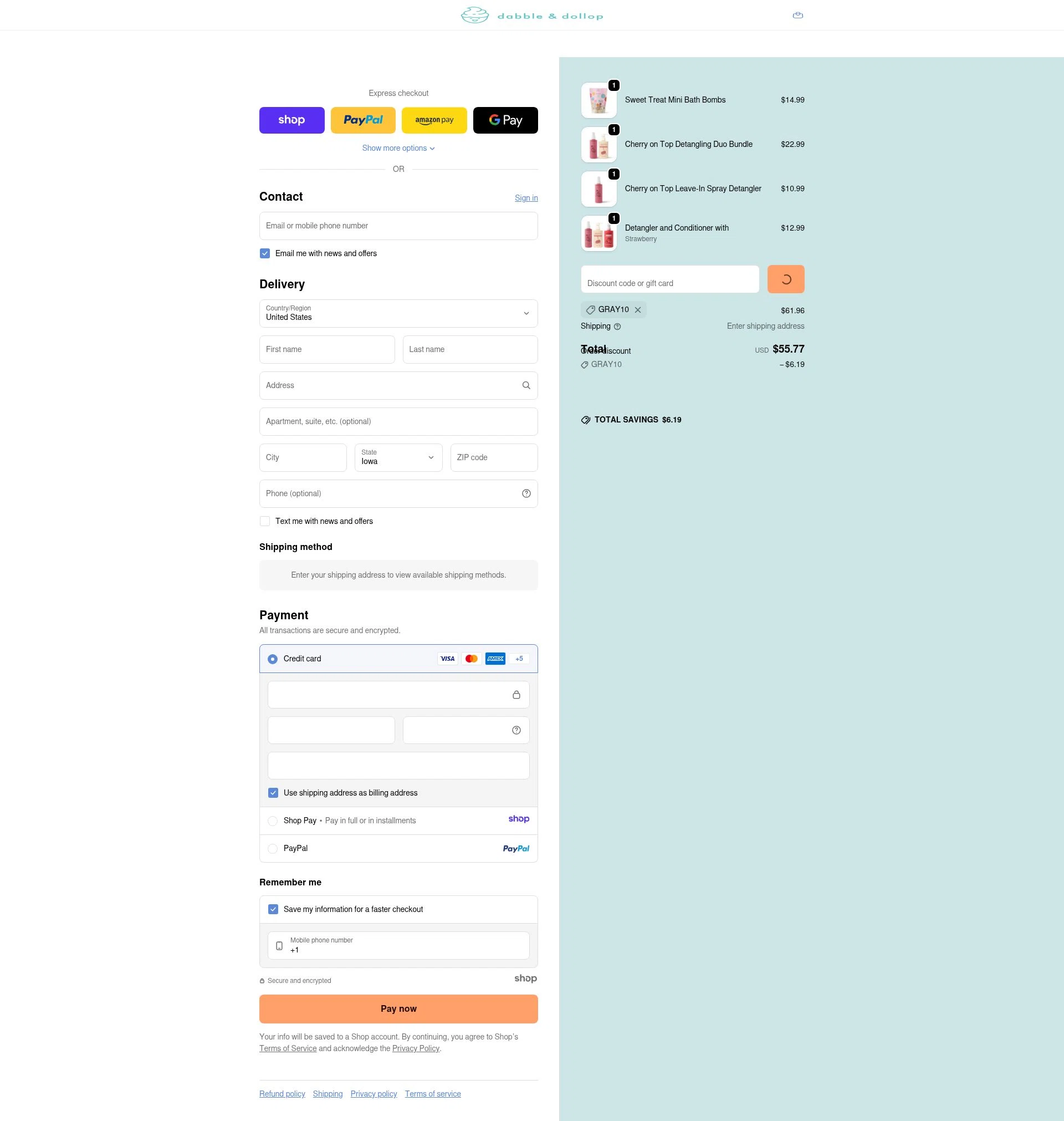 Dabble & Dollop checkout page showing Dabble & Dollop promo code box | Screenshot taken by SimplyCodes community member on Dec 28, 2025