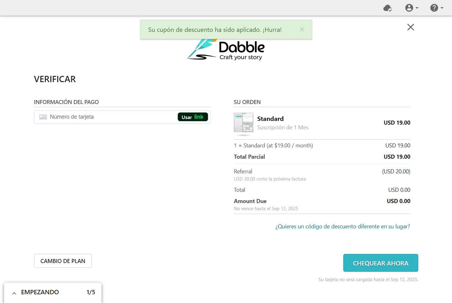 Dabble Writer checkout page showing Dabble Writer coupon code box | Screenshot taken by SimplyCodes community member on Aug 29, 2025