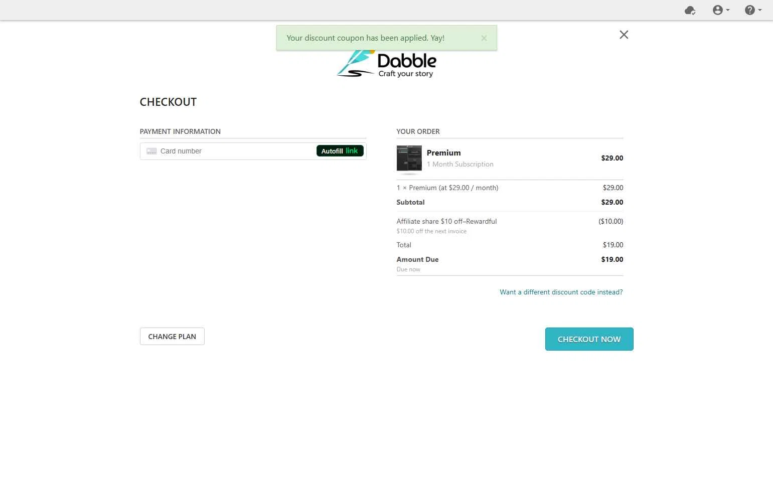 Dabble Writer checkout page showing Dabble Writer coupon code box | Screenshot taken by SimplyCodes community member on Dec 8, 2025