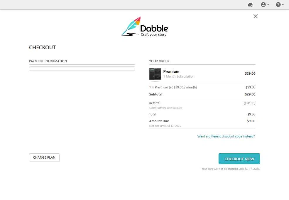Dabble Writer checkout page showing Dabble Writer coupon code box | Screenshot taken by SimplyCodes community member on Jul 3, 2025