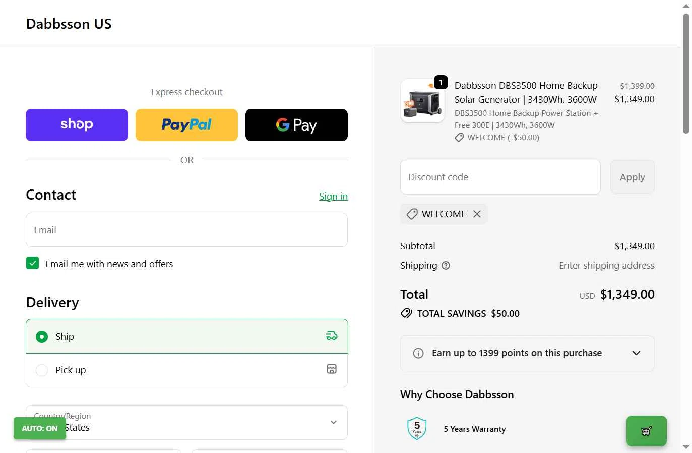 Dabbsson checkout page showing Dabbsson coupon code box | Screenshot taken by SimplyCodes community member on Jan 9, 2026