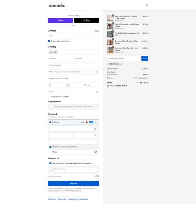 dadada baby checkout page showing dadada baby promo code box | Screenshot taken by SimplyCodes community member on Sep 15, 2025