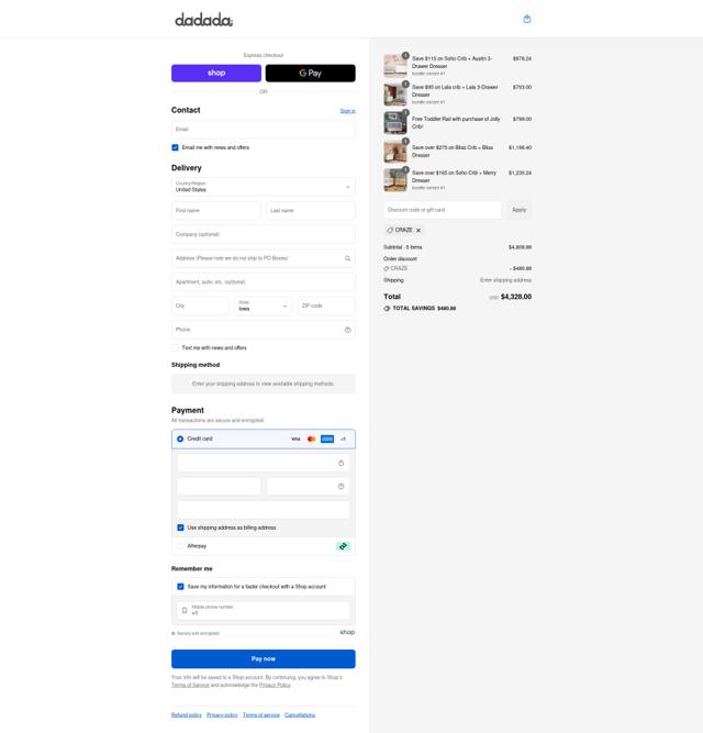 dadada baby checkout page showing dadada baby promo code box | Screenshot taken by SimplyCodes community member on Sep 11, 2025
