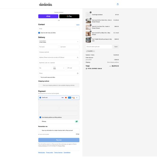 dadada baby checkout page showing dadada baby promo code box | Screenshot taken by SimplyCodes community member on Aug 30, 2025