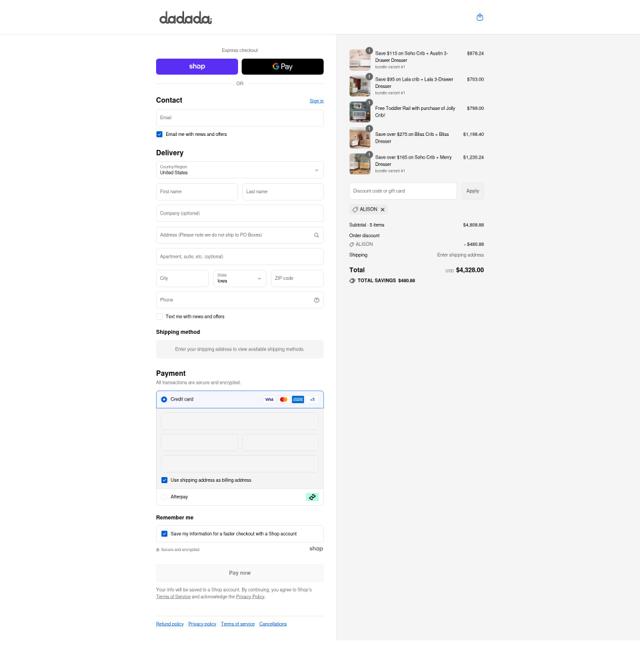 dadada baby checkout page showing dadada baby promo code box | Screenshot taken by SimplyCodes community member on Sep 15, 2025