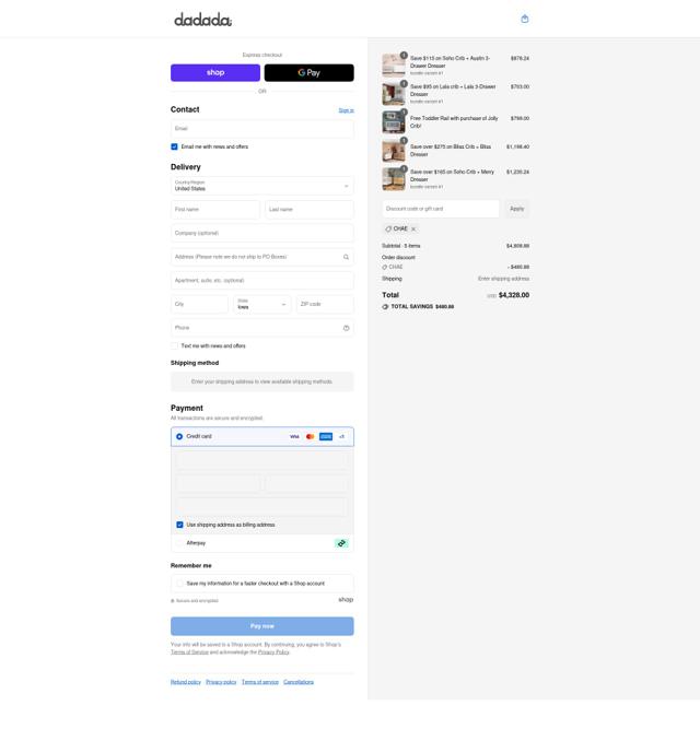 dadada baby checkout page showing dadada baby promo code box | Screenshot taken by SimplyCodes community member on Sep 11, 2025