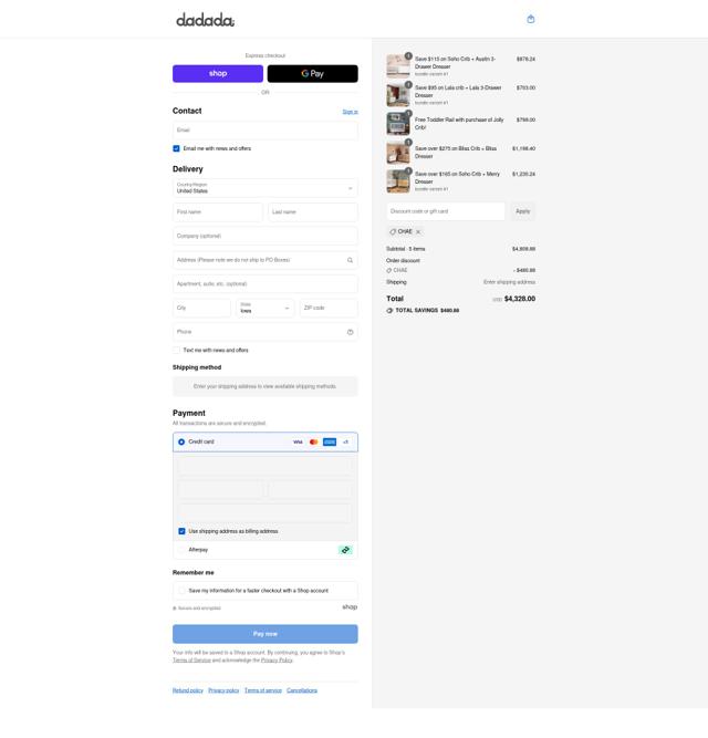 dadada baby checkout page showing dadada baby promo code box | Screenshot taken by SimplyCodes community member on Sep 15, 2025