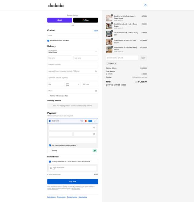 dadada baby checkout page showing dadada baby promo code box | Screenshot taken by SimplyCodes community member on Sep 15, 2025