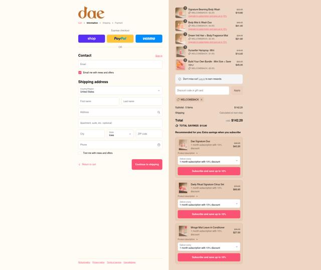 Dae Hair checkout page showing Dae Hair discount code box | Screenshot taken by SimplyCodes community member on Sep 12, 2025