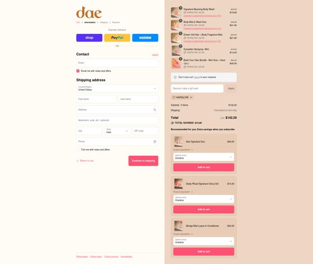 Dae Hair checkout page showing Dae Hair discount code box | Screenshot taken by SimplyCodes community member on Sep 8, 2025