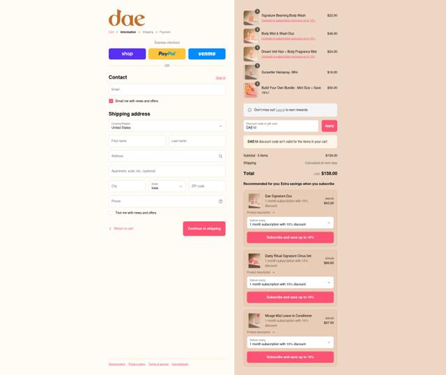 Dae Hair checkout page showing Dae Hair discount code box | Screenshot taken by SimplyCodes community member on Sep 12, 2025