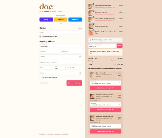 Dae Hair checkout page showing Dae Hair discount code box | Screenshot taken by SimplyCodes community member on Sep 12, 2025