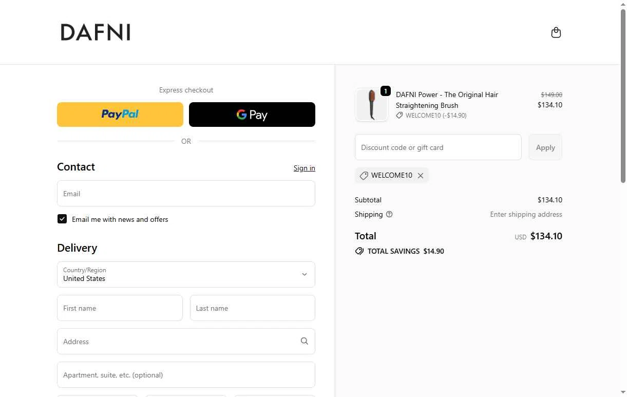 Dafni Hair checkout page showing Dafni Hair promo code box | Screenshot taken by SimplyCodes community member on Feb 20, 2026