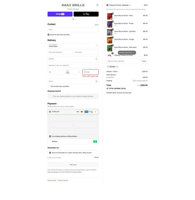 Daily Drills checkout page showing Daily Drills discount code box | Screenshot taken by SimplyCodes community member on Aug 28, 2025