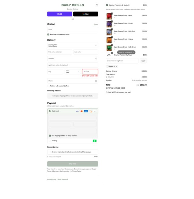 Daily Drills checkout page showing Daily Drills discount code box | Screenshot taken by SimplyCodes community member on Aug 29, 2025