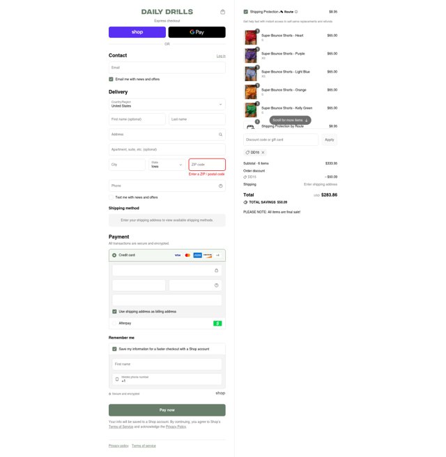 Daily Drills checkout page showing Daily Drills discount code box | Screenshot taken by SimplyCodes community member on Aug 29, 2025