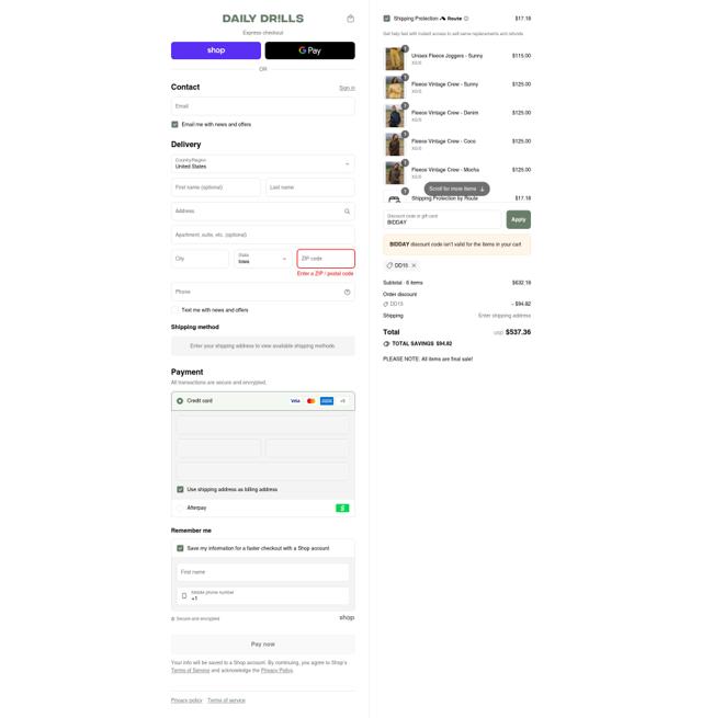 Daily Drills checkout page showing Daily Drills discount code box | Screenshot taken by SimplyCodes community member on Sep 10, 2025