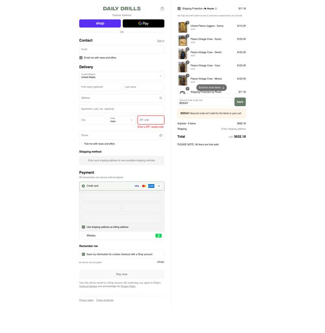 Daily Drills checkout page showing Daily Drills discount code box | Screenshot taken by SimplyCodes community member on Sep 14, 2025